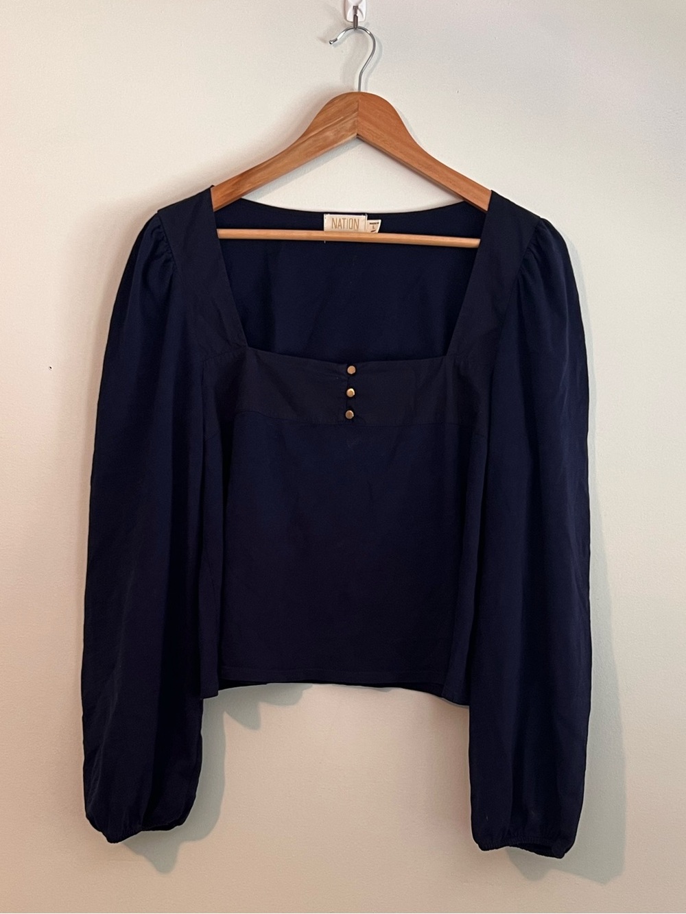 Nation LTD Navy Square-Neck Puff Sleeve Blouse with Gold Buttons